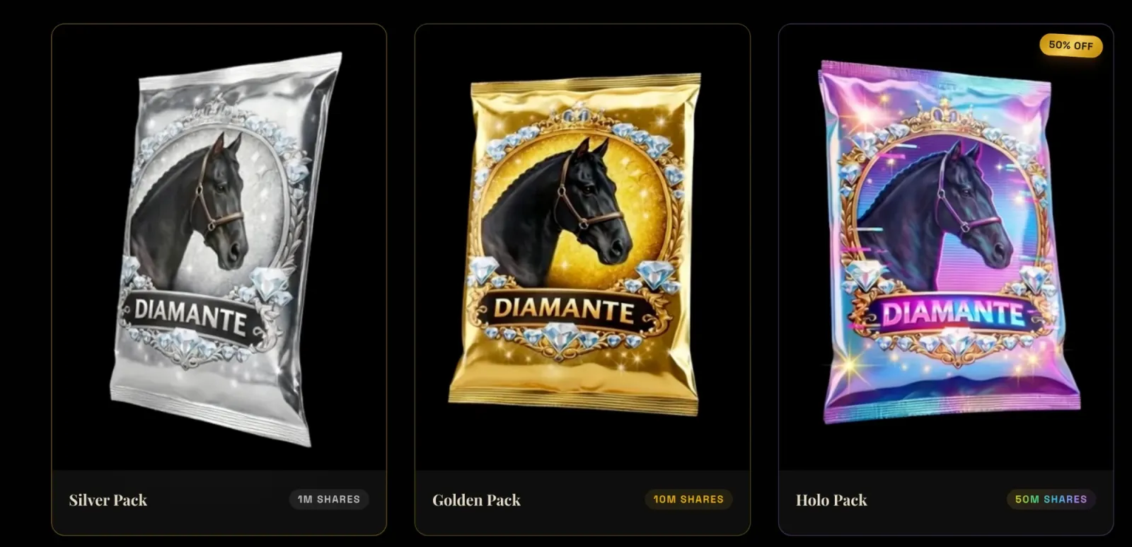 Pump Horse Silver, Golden and Holo packs featuring the horse Diamante